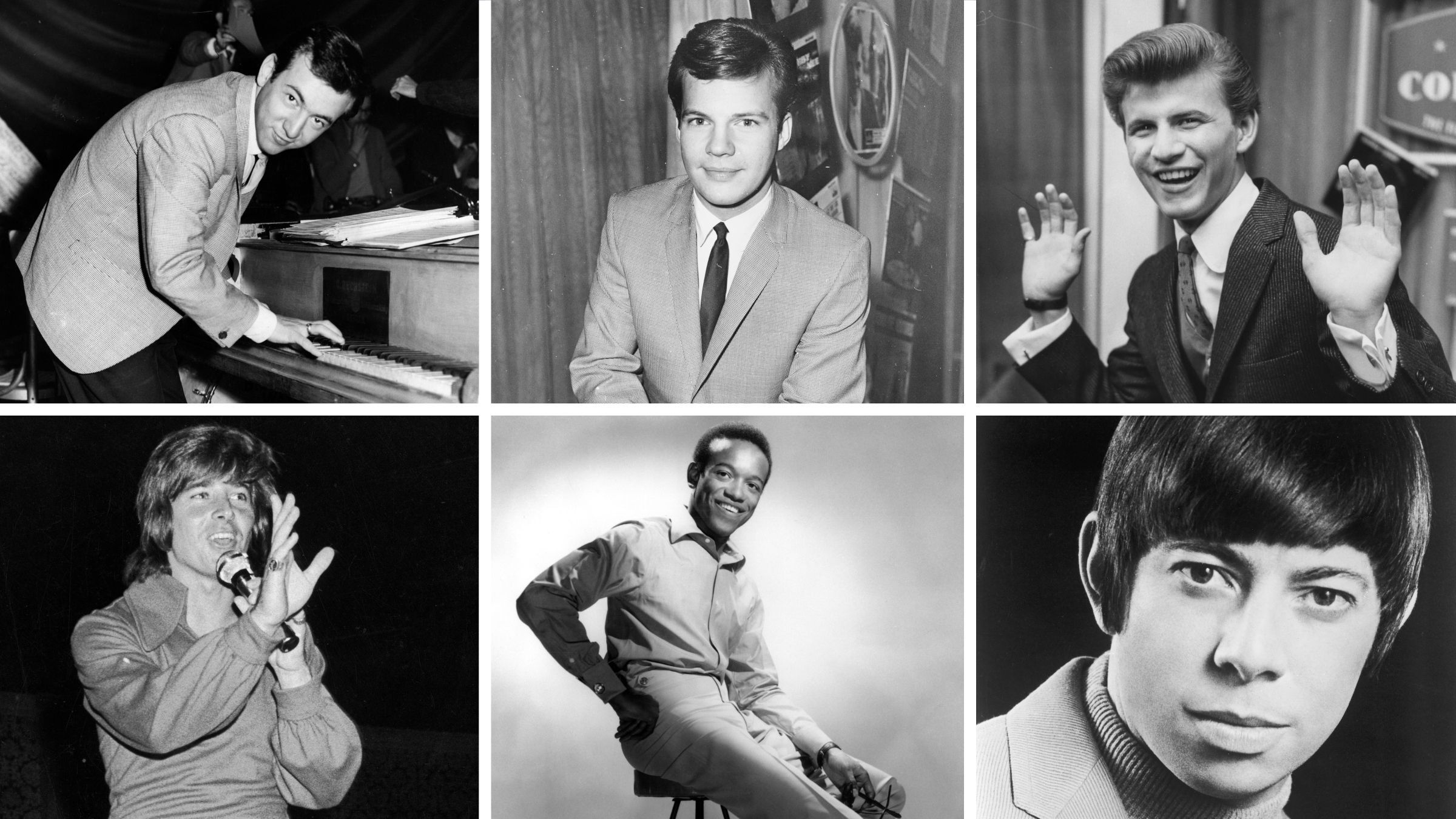 In the 1960s, hearthrobs named Bobby were <em>everywhere. </em>Clockwise from top left: Bobby Darin, Bobby Vee, Bobby Rydell, Bobby Goldsboro, Bobby Womack, and Bobby Sherman.